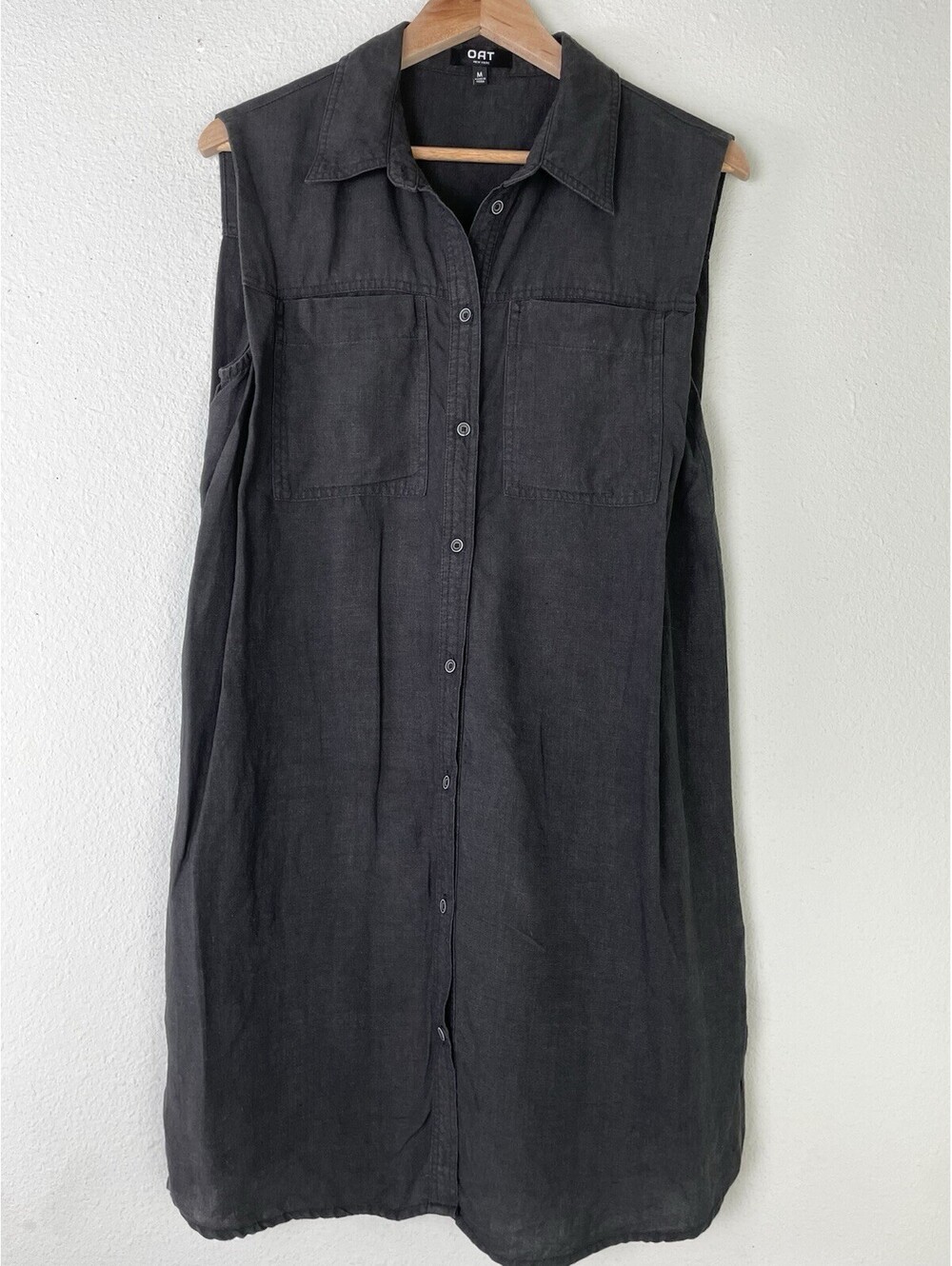 OAT New York 100% Linen Sleeveless Shirt Dress Charcoal Coastal Minimalist MED